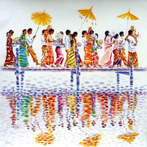 water colour painting. Inle Lake procession